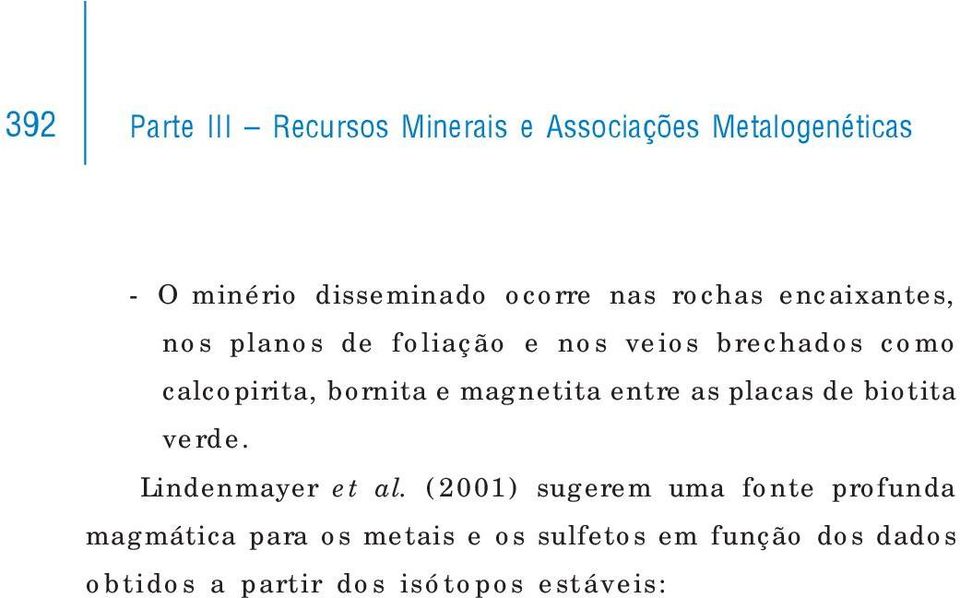 (2001) sugerem uma fonte profunda magmática para os metais e os sulfetos em função dos dados obtidos a partir dos isótopos estáveis: 34 S = + 2 a 3 ; 13 C = -8,414 a -9,449, e um transporte dos