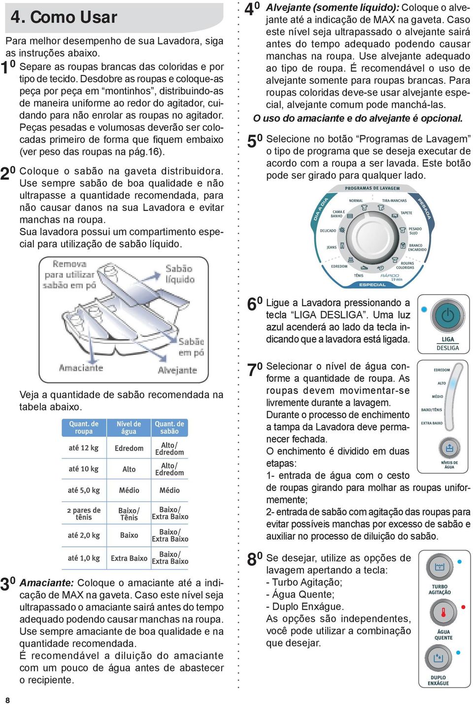 Peças pesadas e volumosas deverão ser colocadas primeiro de forma que fiquem embaixo (ver peso das roupas na pág.16). Coloque o sabão na gaveta distribuidora.