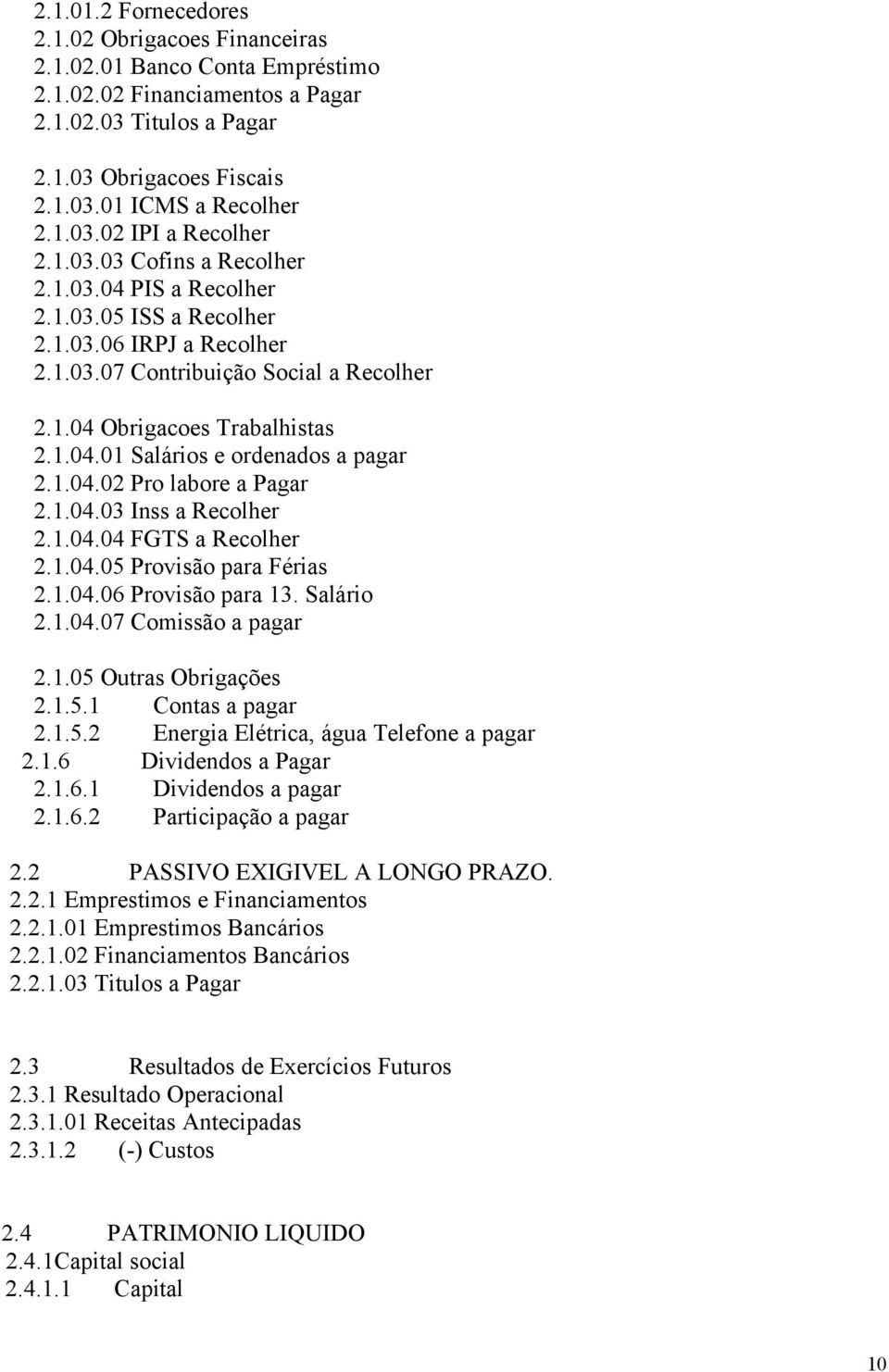 1.04.02 Pro labore a Pagar 2.1.04.03 Inss a Recolher 2.1.04.04 FGTS a Recolher 2.1.04.05 Provisão para Férias 2.1.04.06 Provisão para 13. Salário 2.1.04.07 Comissão a pagar 2.1.05 Outras Obrigações 2.