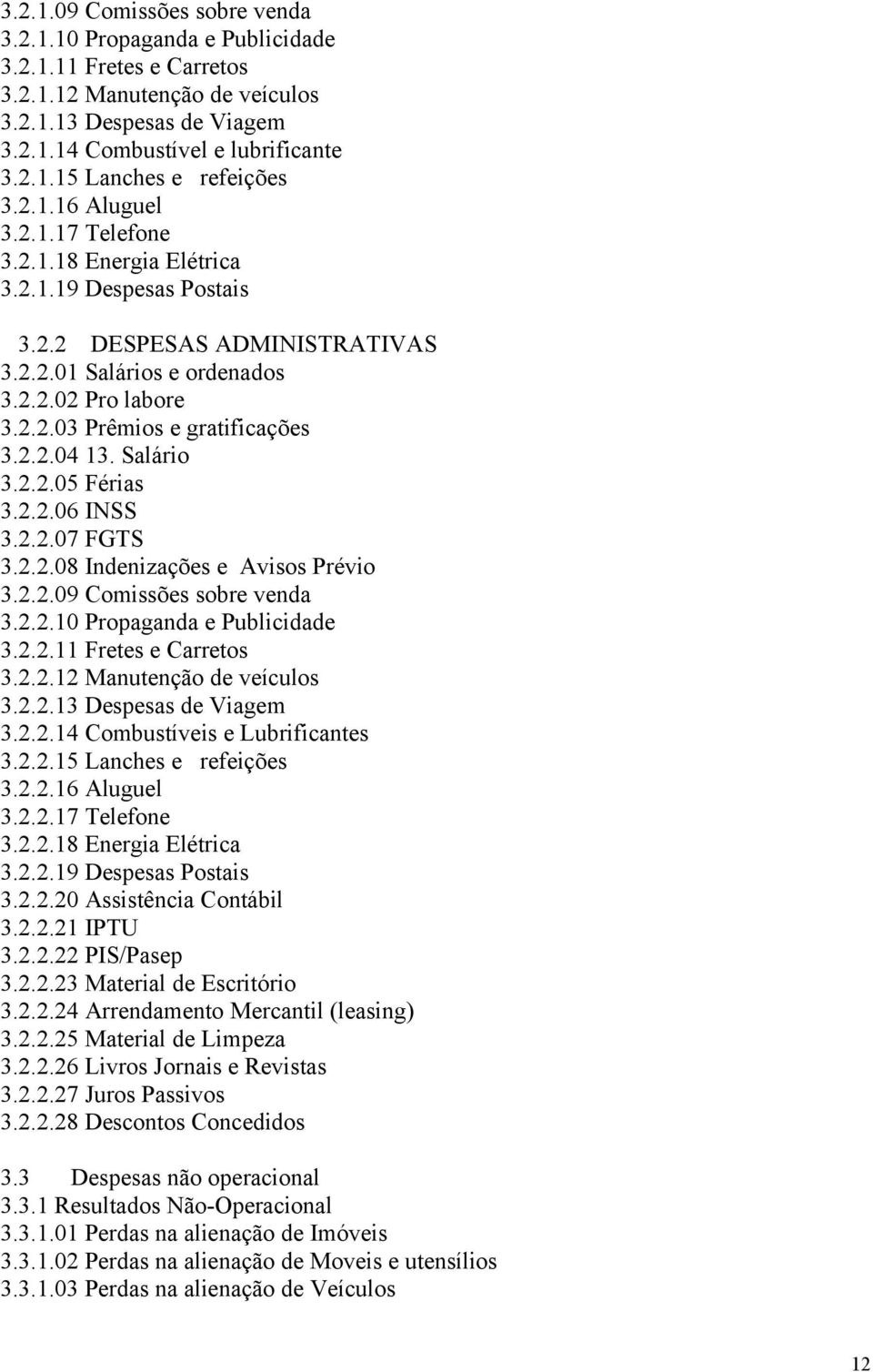 2.2.04 13. Salário 3.2.2.05 Férias 3.2.2.06 INSS 3.2.2.07 FGTS 3.2.2.08 Indenizações e Avisos Prévio 3.2.2.09 Comissões sobre venda 3.2.2.10 Propaganda e Publicidade 3.2.2.11 Fretes e Carretos 3.2.2.12 Manutenção de veículos 3.