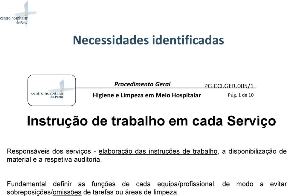 1 de 10 Instrução de trabalho em cada Serviço Responsáveis dos serviços - elaboração das instruções