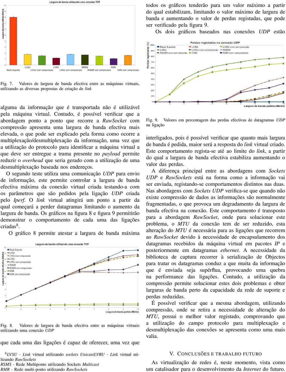 Valores de largura de banda efectiva entre as máquinas virtuais, utilizando as diversas propostas de criação de link alguma da informação que é transportada não é utilizável pela máquina virtual.