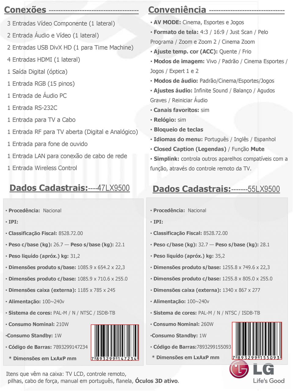 Entrada LAN para conexão de cabo de rede 1 Entrada Wireless Control Dados Cadastrais:----47LX9500 Conveniência -------------------------------- AV MODE: Cinema, Esportes e Jogos Formato de tela: 4:3