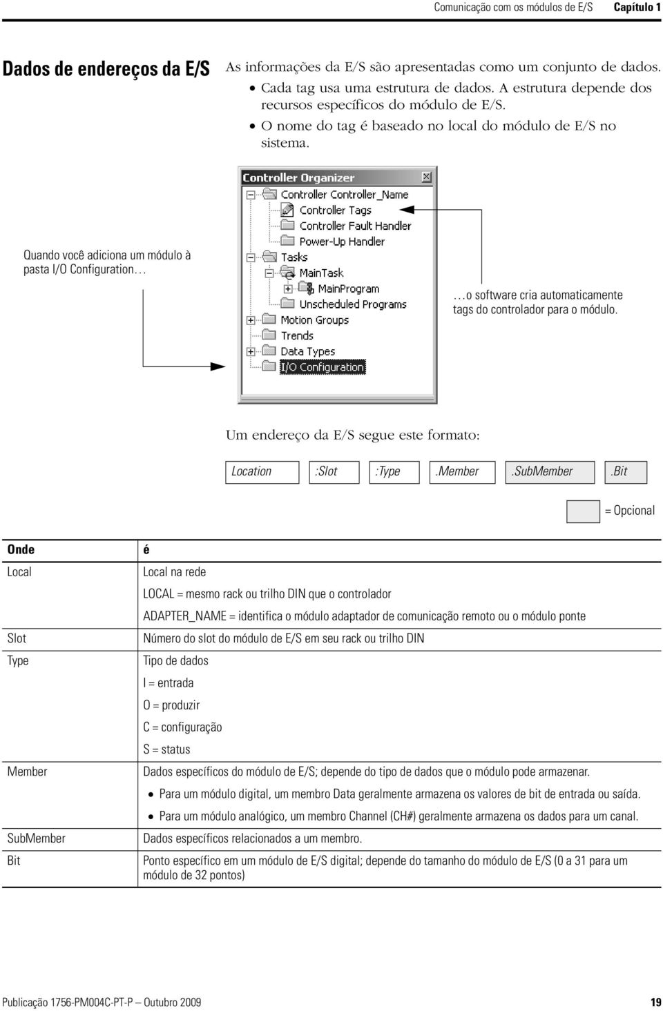 Quando você adiciona um módulo à pasta I/O Configuration o software cria automaticamente tags do controlador para o módulo. Um endereço da E/S segue este formato: Location :Slot :Type.Member.