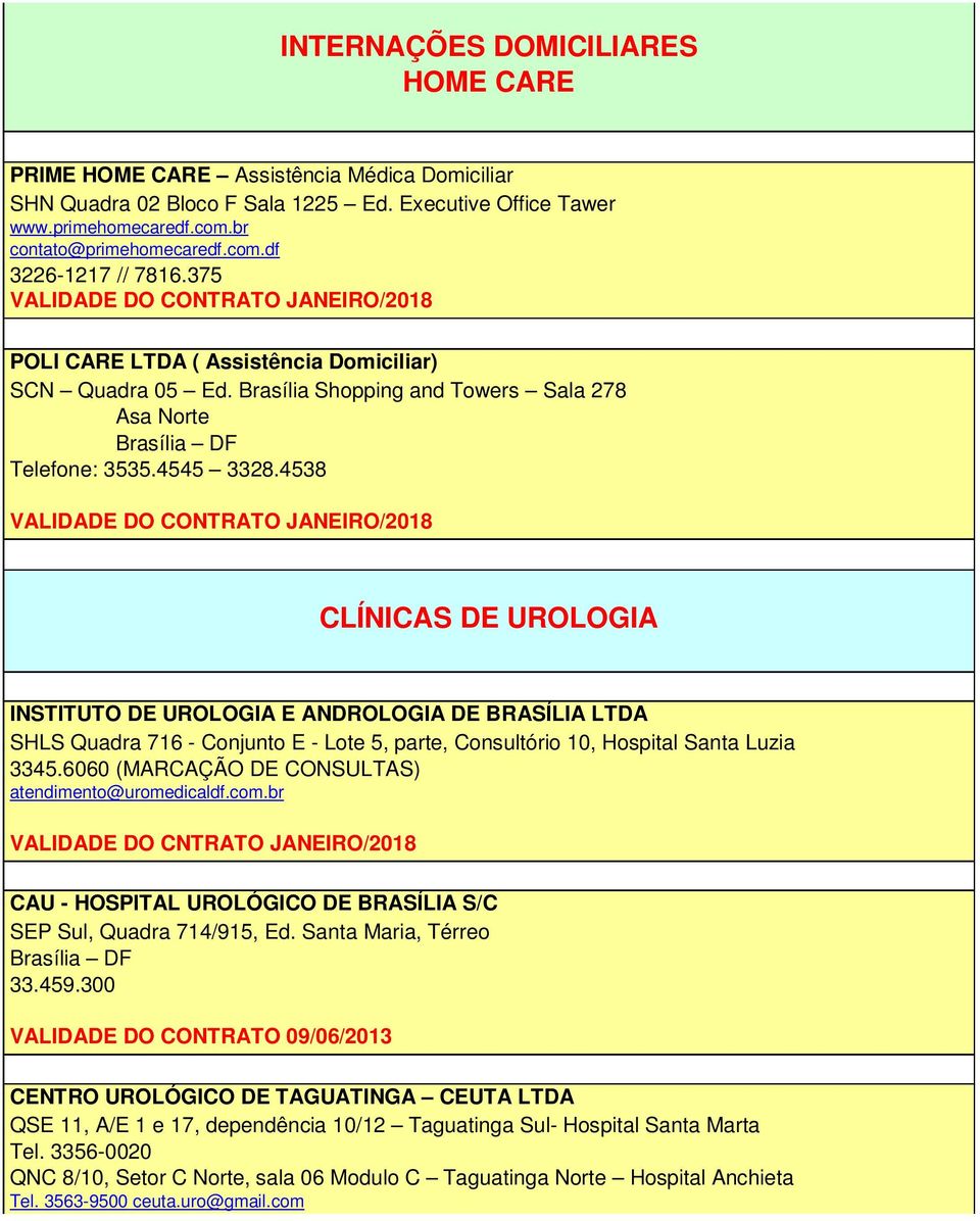 4538 VALIDADE DO CONTRATO JANEIRO/2018 CLÍNICAS DE UROLOGIA INSTITUTO DE UROLOGIA E ANDROLOGIA DE BRASÍLIA LTDA SHLS Quadra 716 - Conjunto E - Lote 5, parte, Consultório 10, Hospital Santa Luzia 3345.