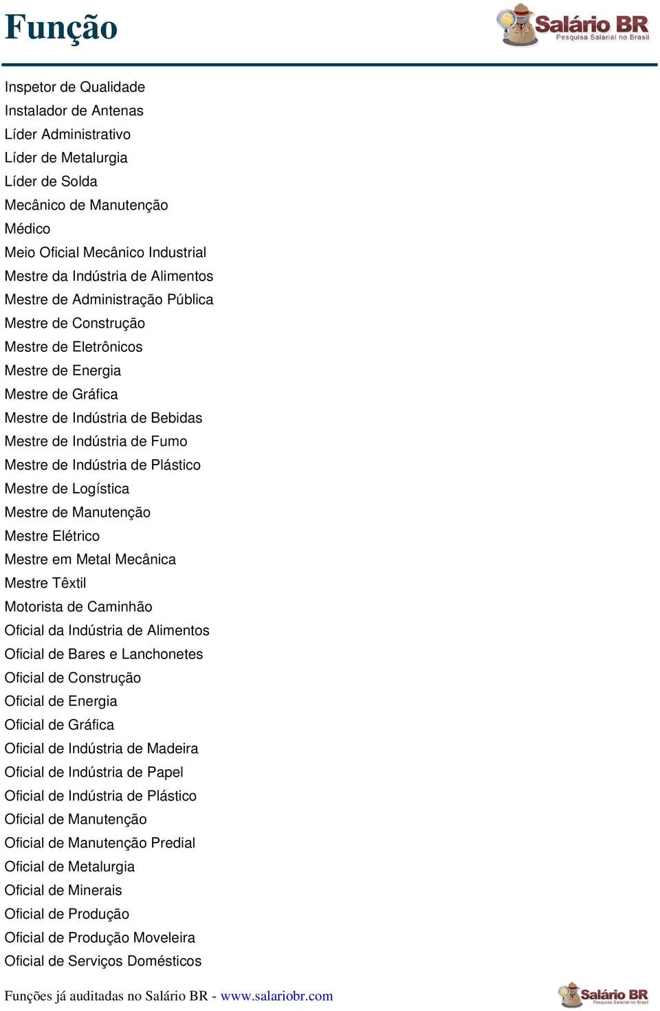 Plástico Mestre de Logística Mestre de Manutenção Mestre Elétrico Mestre em Metal Mecânica Mestre Têxtil Motorista de Caminhão Oficial da Indústria de Alimentos Oficial de Bares e Lanchonetes Oficial