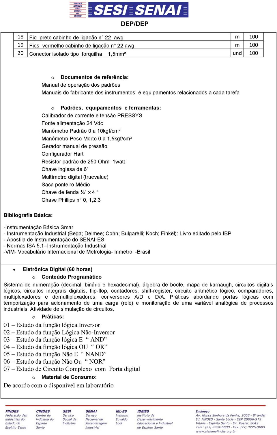 Gerar manual e pressã Cnfigurar Hart Resistr parã e 50 Ohm 1watt Chave inglesa e 6 Multímetr igital (truevalue) Saca pnteir Méi Chave e fena ¼ x 4 Chave Phillips n 0, 1,,3 Bibligrafia Básica: