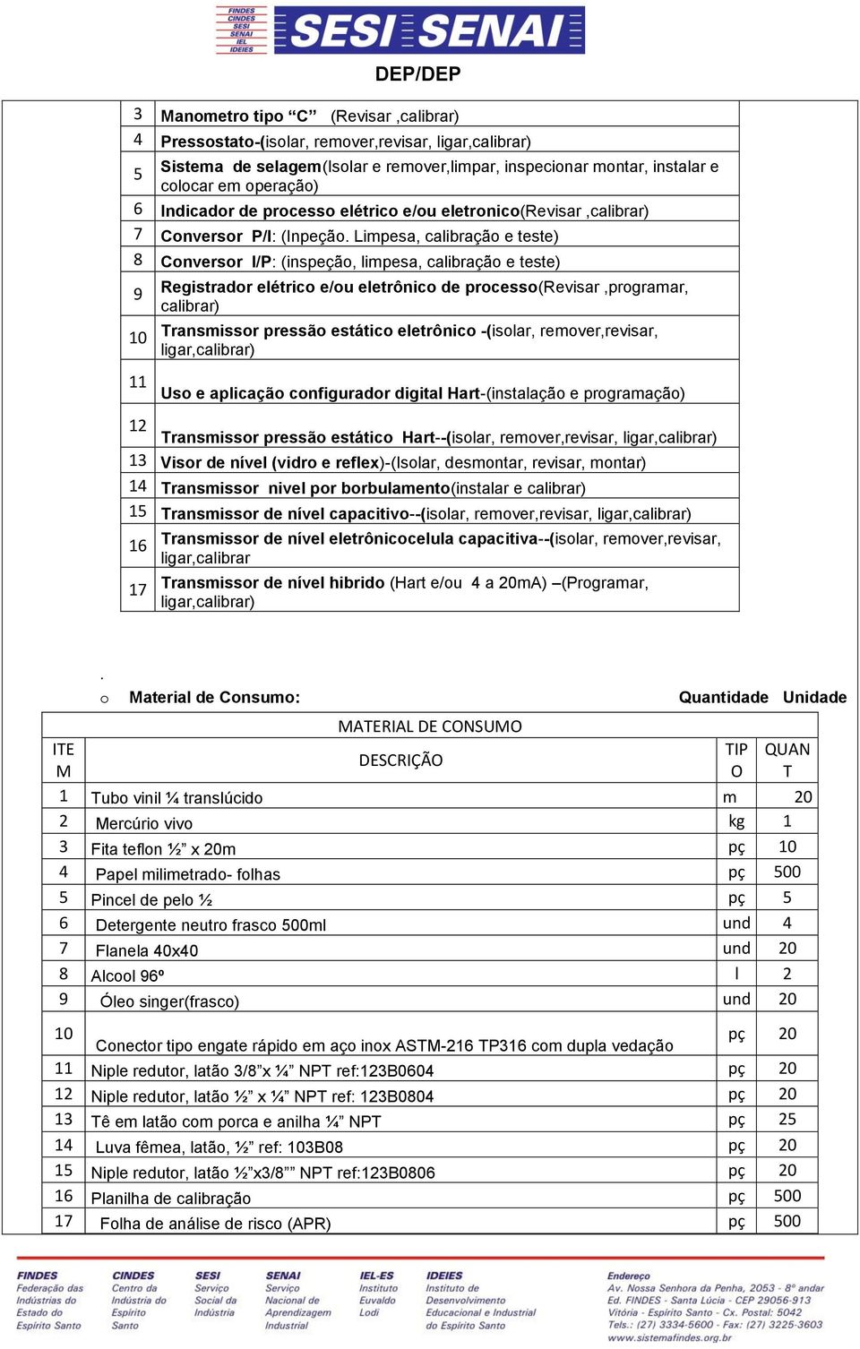 Limpesa, calibraçã e teste) 8 Cnversr I/P: (inspeçã, limpesa, calibraçã e teste) 9 Registrar elétric e/u eletrônic e prcess(revisar,prgramar, calibrar) 10 Transmissr pressã estátic eletrônic -(islar,