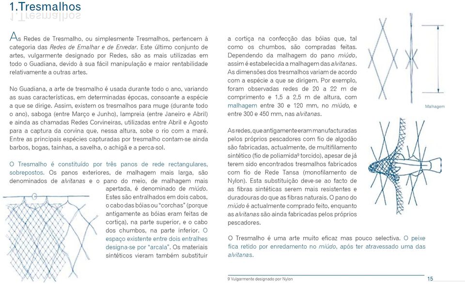 No Guadiana, a arte de tresmalho é usada durante todo o ano, variando as suas características, em determinadas épocas, consoante a espécie a que se dirige.