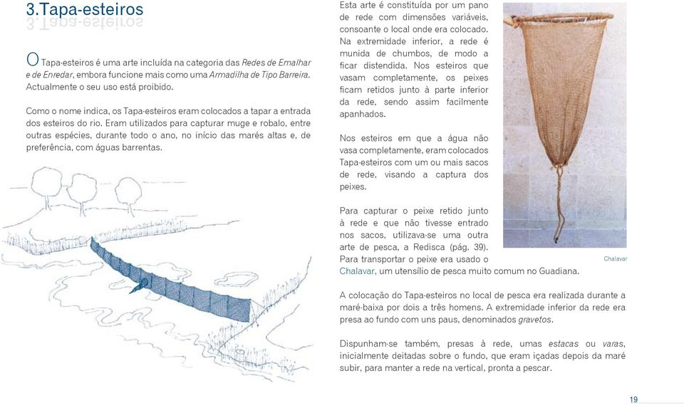 Eram utilizados para capturar muge e robalo, entre outras espécies, durante todo o ano, no início das marés altas e, de preferência, com águas barrentas.