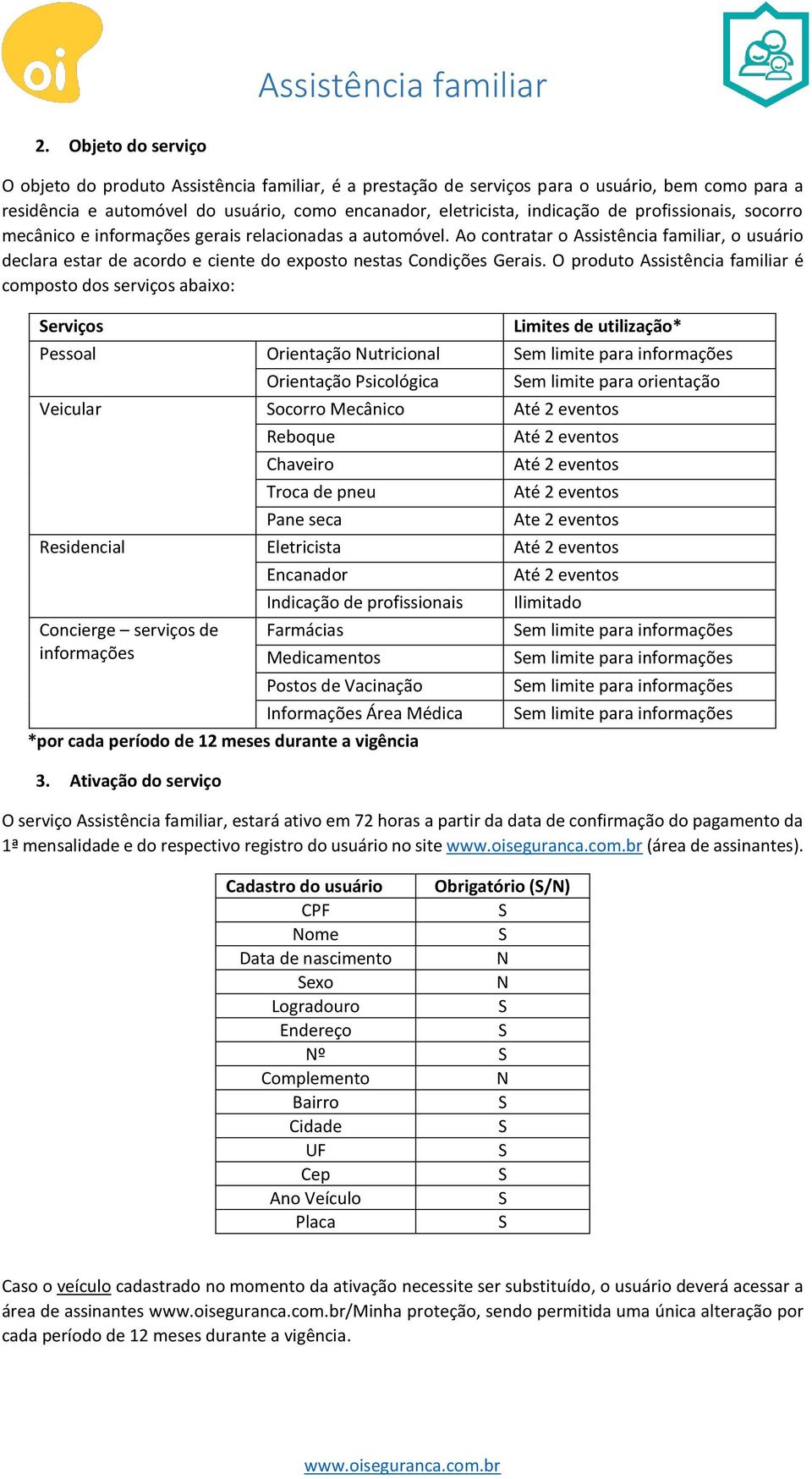 O produto Assistência familiar é composto dos serviços abaixo: erviços Limites de utilização* Pessoal Orientação Nutricional em limite para informações Orientação Psicológica em limite para