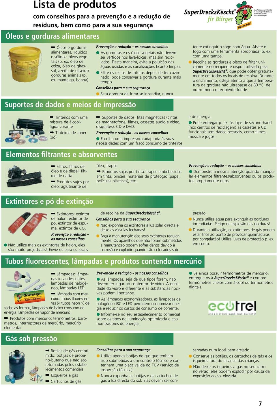 óleo de colza, óleo de girassol, azeite de oliveira), gorduras animais  manteiga, banha) Suportes de dados e meios de impressão Tinteiros com uma mistura de álcoolágua-corante Tinteiros de toner (pó)