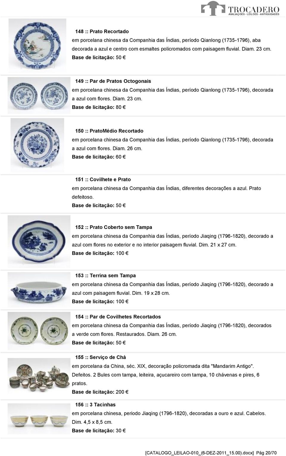Base de licitação: 80 150 :: PratoMédio Recortado em porcelana chinesa da Companhia das Índias, período Qianlong (1735-1796), decorada a azul com flores. Diam. 26 cm.