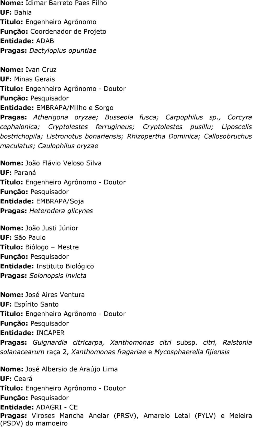 , Corcyra cephalonica; Cryptolestes ferrugineus; Cryptolestes pusillu; Liposcelis bostrichopila; Listronotus bonariensis; Rhizopertha Dominica; Callosobruchus maculatus; Caulophilus oryzae Nome: João