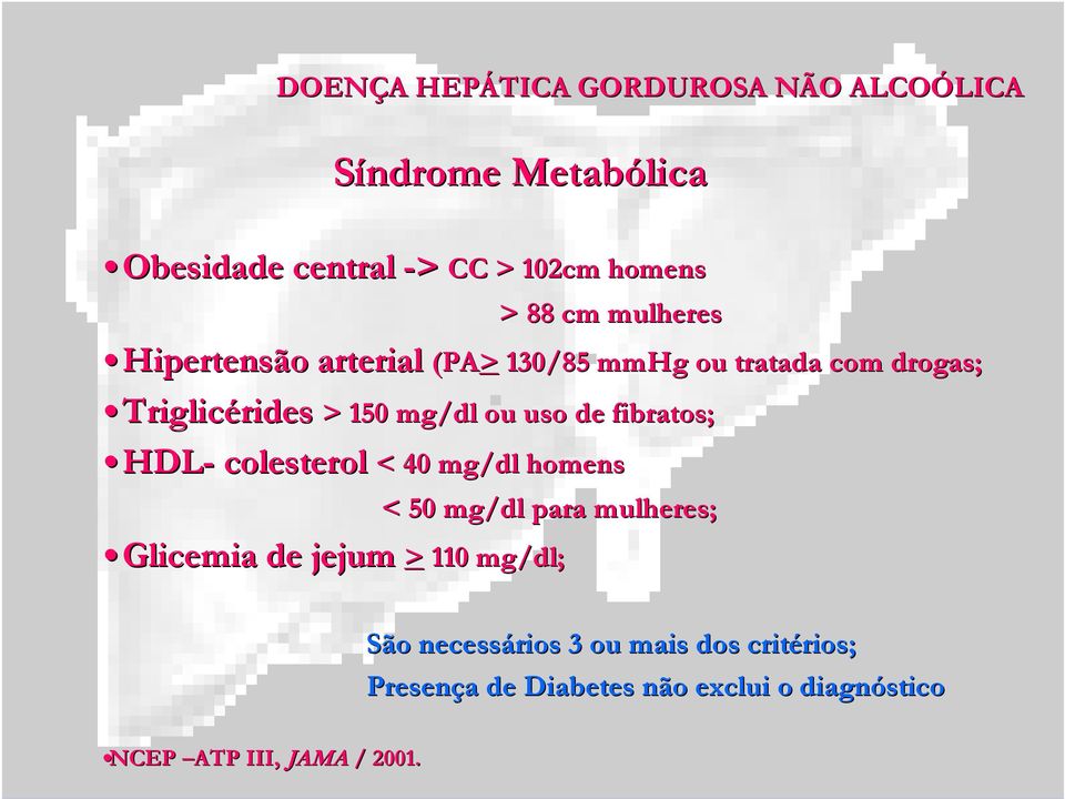 de fibratos; HDL- colesterol < 40 mg/dl homens Glicemia de jejum > 110 < 50 mg/dl para mulheres; 110 mg/dl;