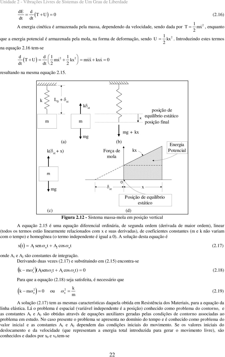 6 te-se t T U t resultao a esa uação.5. L + st st posição e uilíbrio estático posição fial ( st + ) g Força e ola g + Eergia Potecial (c) g st O Posição e uilíbrio estático () Figura.