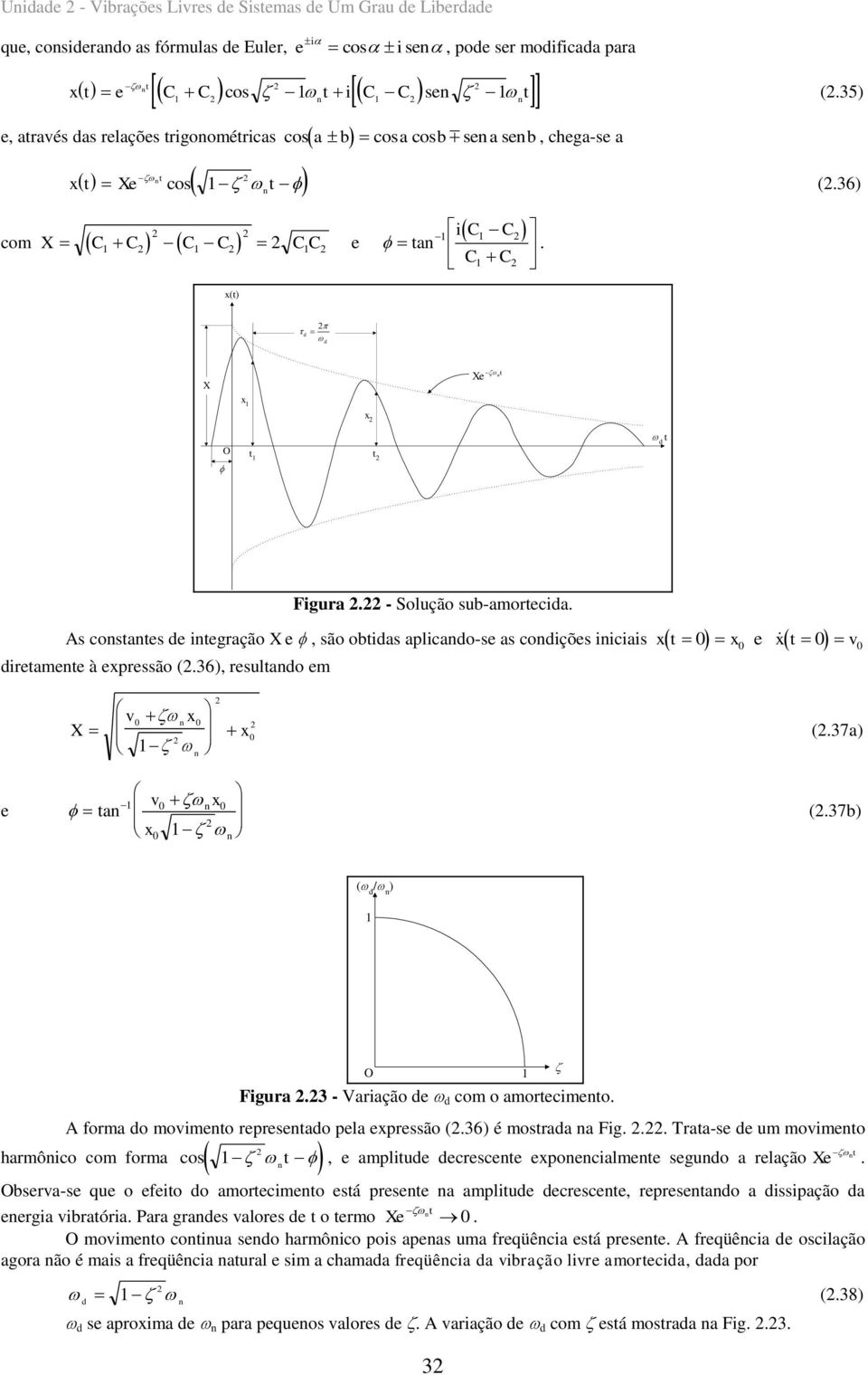 As costates e itegração X e, são obtias aplicao-se as coições iiciais e iretaete à epressão (.6), resultao e t t v X v (.7a) e v ta (.7b) ( / ) O Figura. - Variação e co o aortecieto.