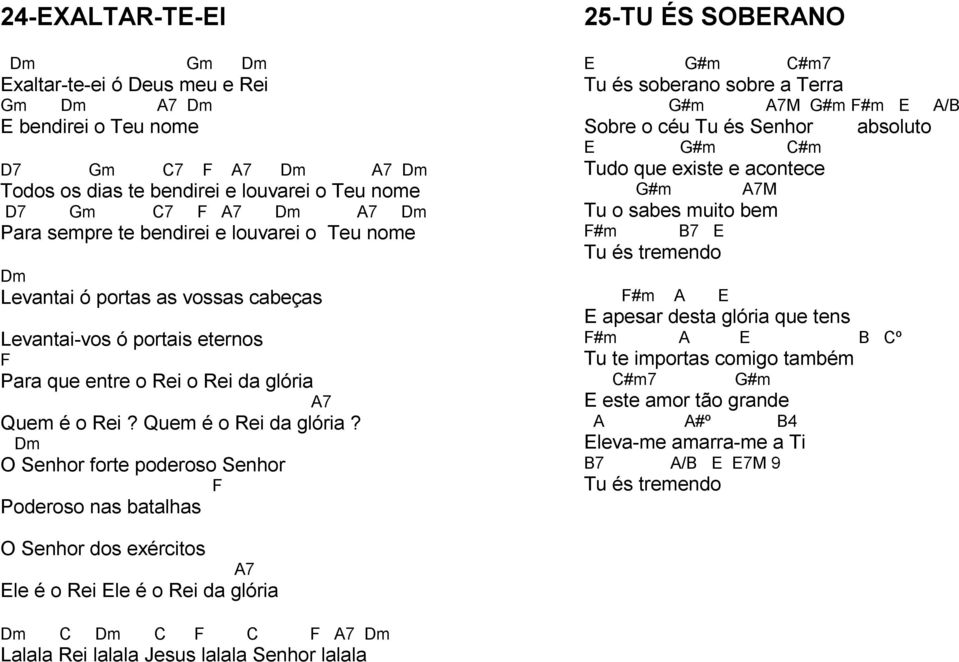 Dm O Senhor forte poderoso Senhor F Poderoso nas batalhas 25-TU ÉS SOBERANO E G#m C#m7 Tu és soberano sobre a Terra G#m A7M G#m F#m E A/B Sobre o céu Tu és Senhor absoluto E G#m C#m Tudo que existe e