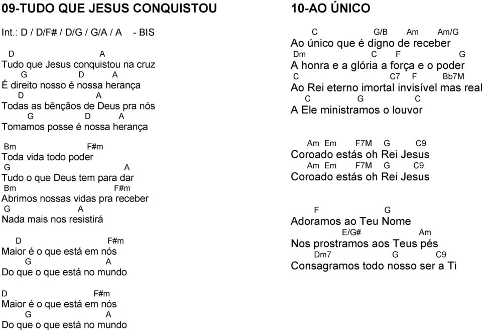 todo poder G A Tudo o que Deus tem para dar Bm F#m Abrimos nossas vidas pra receber G A Nada mais nos resistirá D F#m Maior é o que está em nós G A Do que o que está no mundo 10-AO ÚNICO C G/B Am