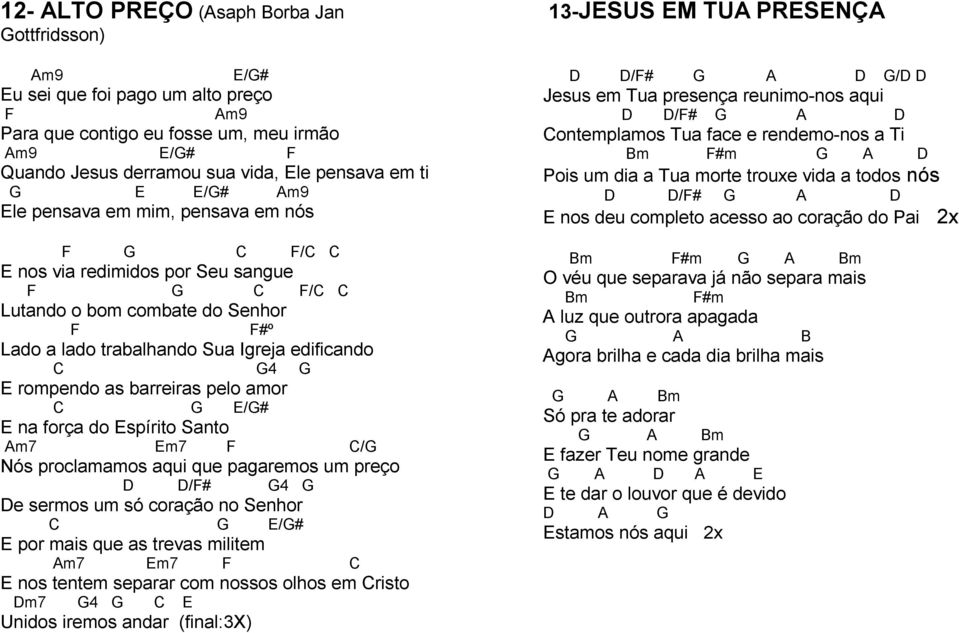 rompendo as barreiras pelo amor C G E/G# E na força do Espírito Santo Am7 Em7 F C/G Nós proclamamos aqui que pagaremos um preço D D/F# G4 G De sermos um só coração no Senhor C G E/G# E por mais que