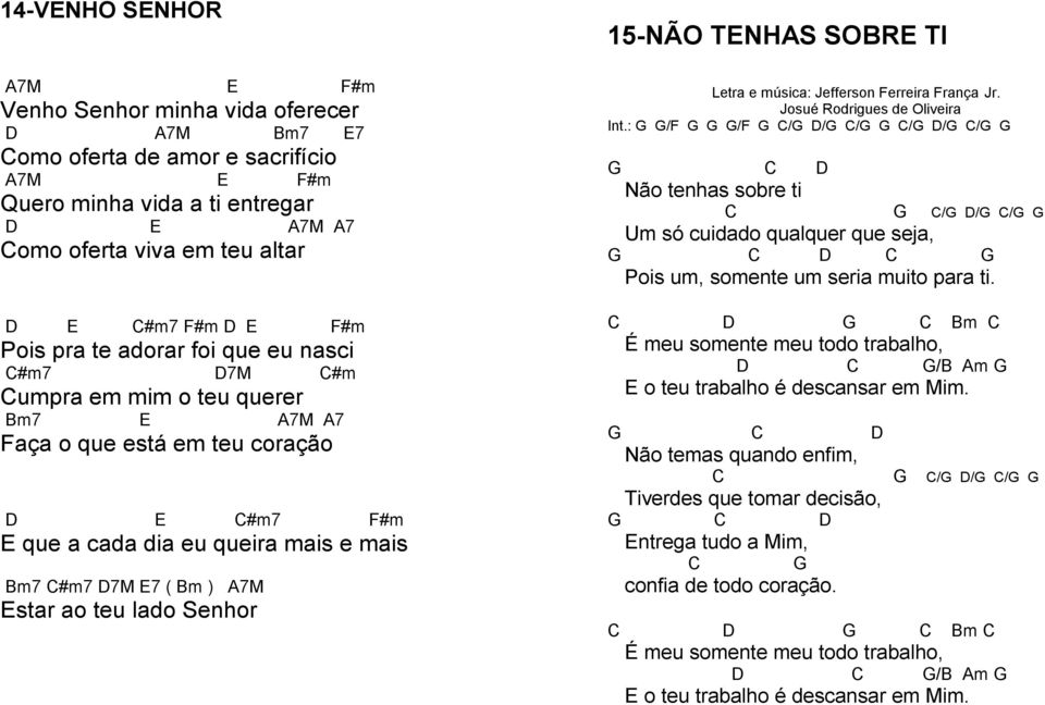 Bm ) A7M Estar ao teu lado Senhor 15-NÃO TENHAS SOBRE TI Letra e música: Jefferson Ferreira França Jr. Josué Rodrigues de Oliveira Int.