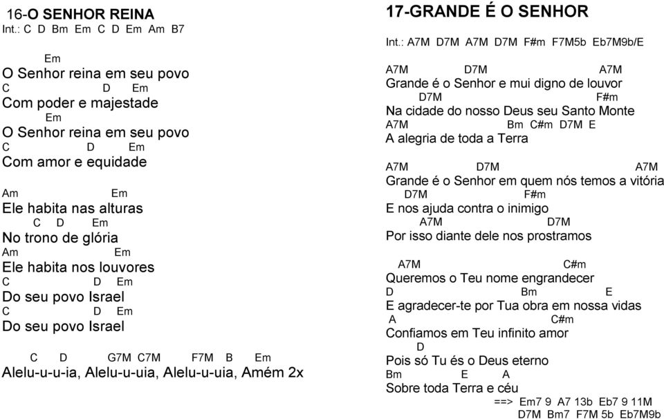 Em Ele habita nos louvores C D Em Do seu povo Israel C D Em Do seu povo Israel C D G7M C7M F7M B Em Alelu-u-u-ia, Alelu-u-uia, Alelu-u-uia, Amém 2x 17-GRANDE É O SENHOR Int.