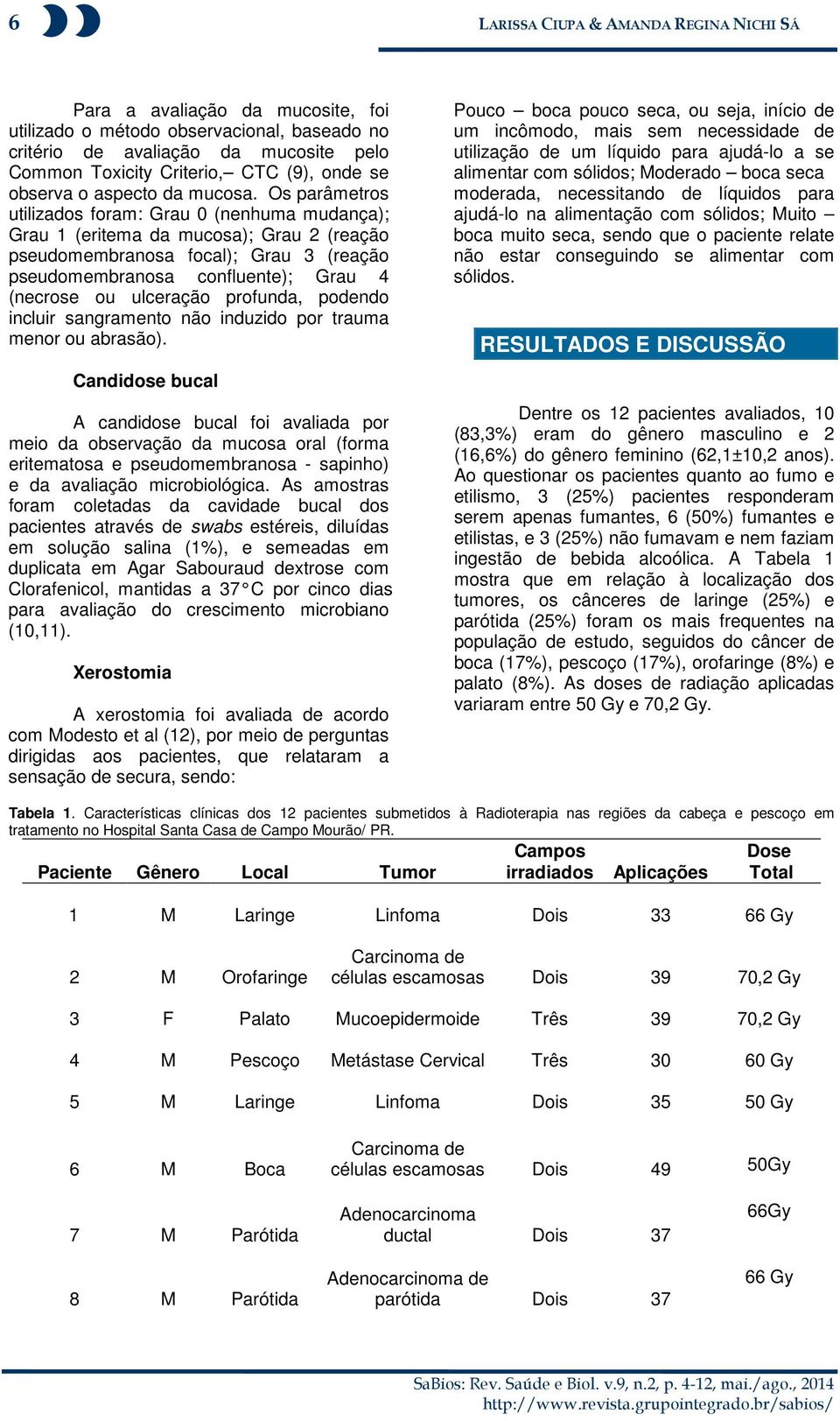 Os parâmetros utilizados foram: Grau 0 (nenhuma mudança); Grau 1 (eritema da mucosa); Grau 2 (reação pseudomembranosa focal); Grau 3 (reação pseudomembranosa confluente); Grau 4 (necrose ou ulceração