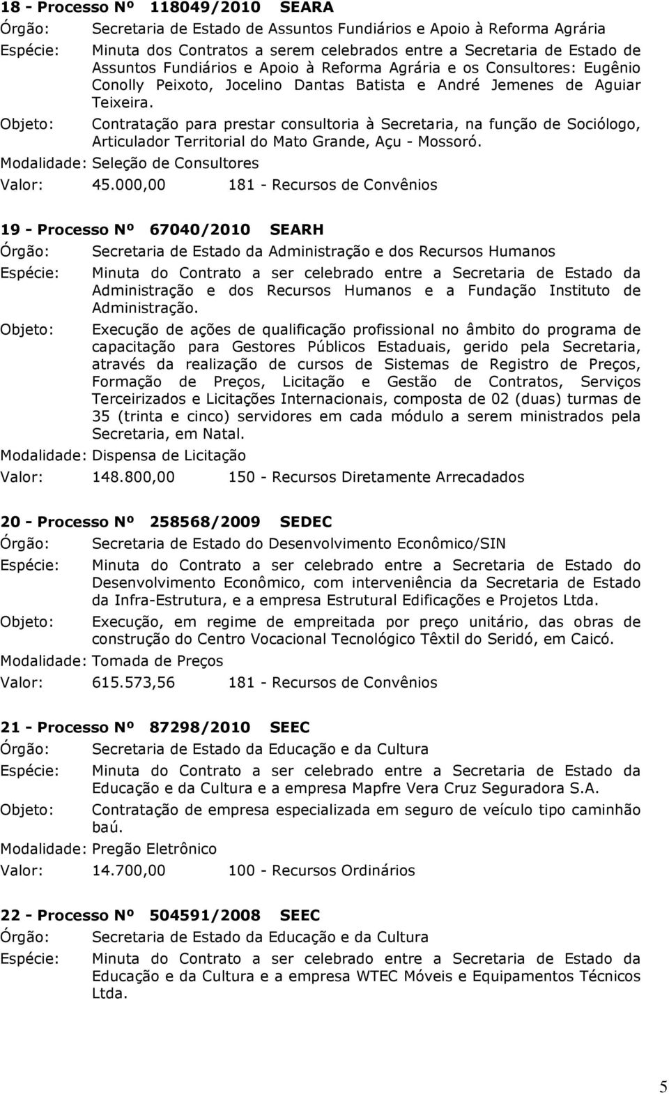 Contratação para prestar consultoria à Secretaria, na função de Sociólogo, Articulador Territorial do Mato Grande, Açu - Mossoró. Modalidade: Seleção de Consultores 45.