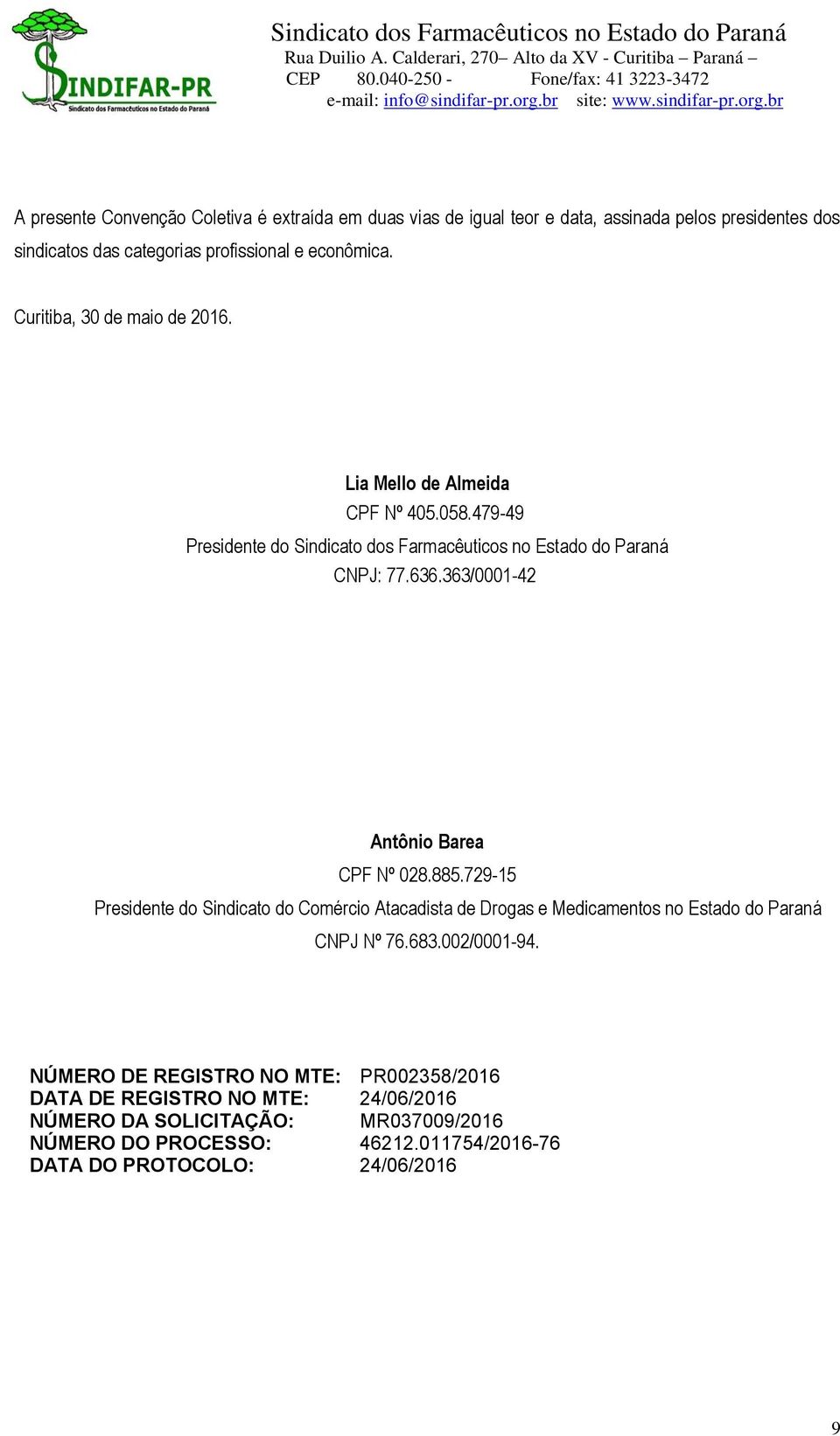 363/0001-42 Antônio Barea CPF Nº 028.885.729-15 Presidente do Sindicato do Comércio Atacadista de Drogas e Medicamentos no Estado do Paraná CNPJ Nº 76.683.