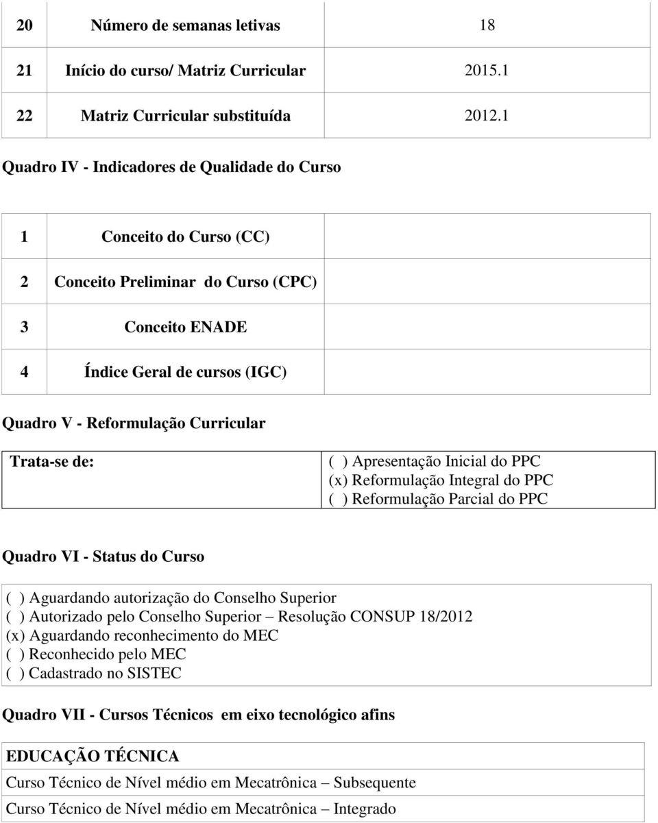 Trata-se de: ( ) Apresentação Inicial do PPC (x) Reformulação Integral do PPC ( ) Reformulação Parcial do PPC Quadro VI - Status do Curso ( ) Aguardando autorização do Conselho Superior ( )