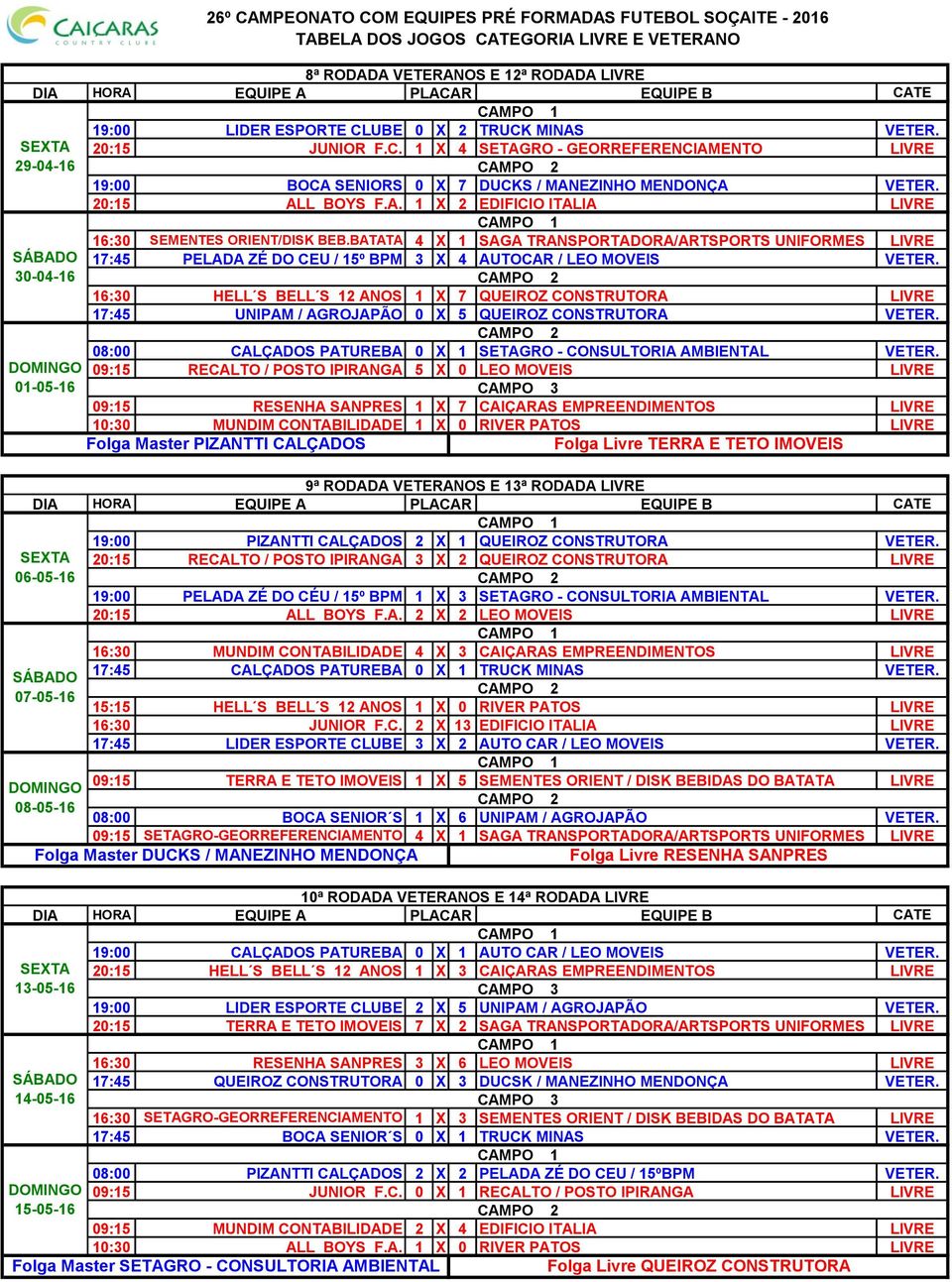 BATATA 4 1 SAGA TRANSPORTADORA/ARTSPORTS UNIFORMES 17:45 PELADA ZÉ DO CEU / 15º BPM 3 4 AUTOCAR / LEO MOVEIS 30-04-16 16:30 HELL S BELL S 12 ANOS 1 7 QUEIROZ CONSTRUTORA 17:45 UNIPAM / AGROJAPÃO 0 5