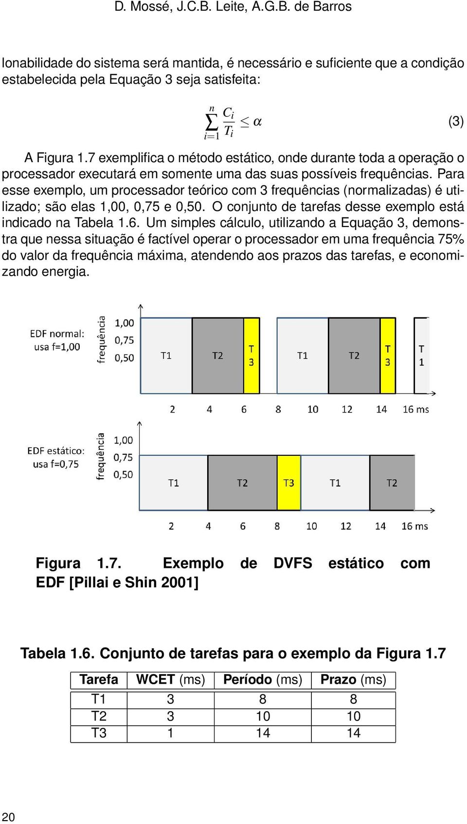 Para esse exemplo, um processador teórico com 3 frequências (normalizadas) é utilizado; são elas 1,00, 0,75 e 0,50. O conjunto de tarefas desse exemplo está indicado na Tabela 1.6.