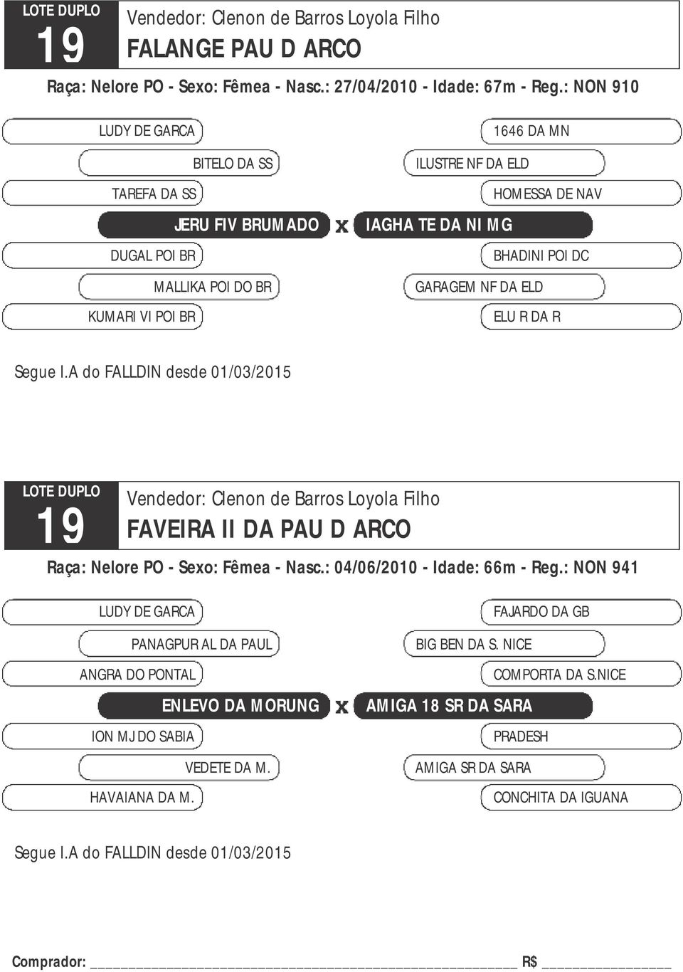 DC GARAGEM NF DA ELD ELU R DA R Segue I.A do FALLDIN desde 01/03/2015 LOTE DUPLO 19 FAVEIRA II DA PAU D ARCO - Nasc.: 04/06/2010 - Idade: 66m - Reg.