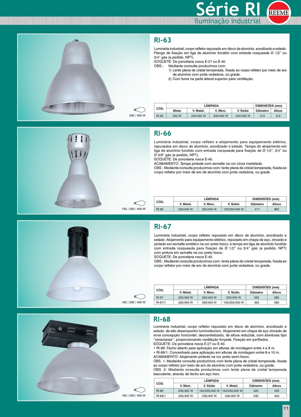 : Mediante consulta produzimos com: 1) Lente plana de cristal temperada, fixada ao corpo refletor por meio de aro de alumínio com junta vedadora, ou grade.