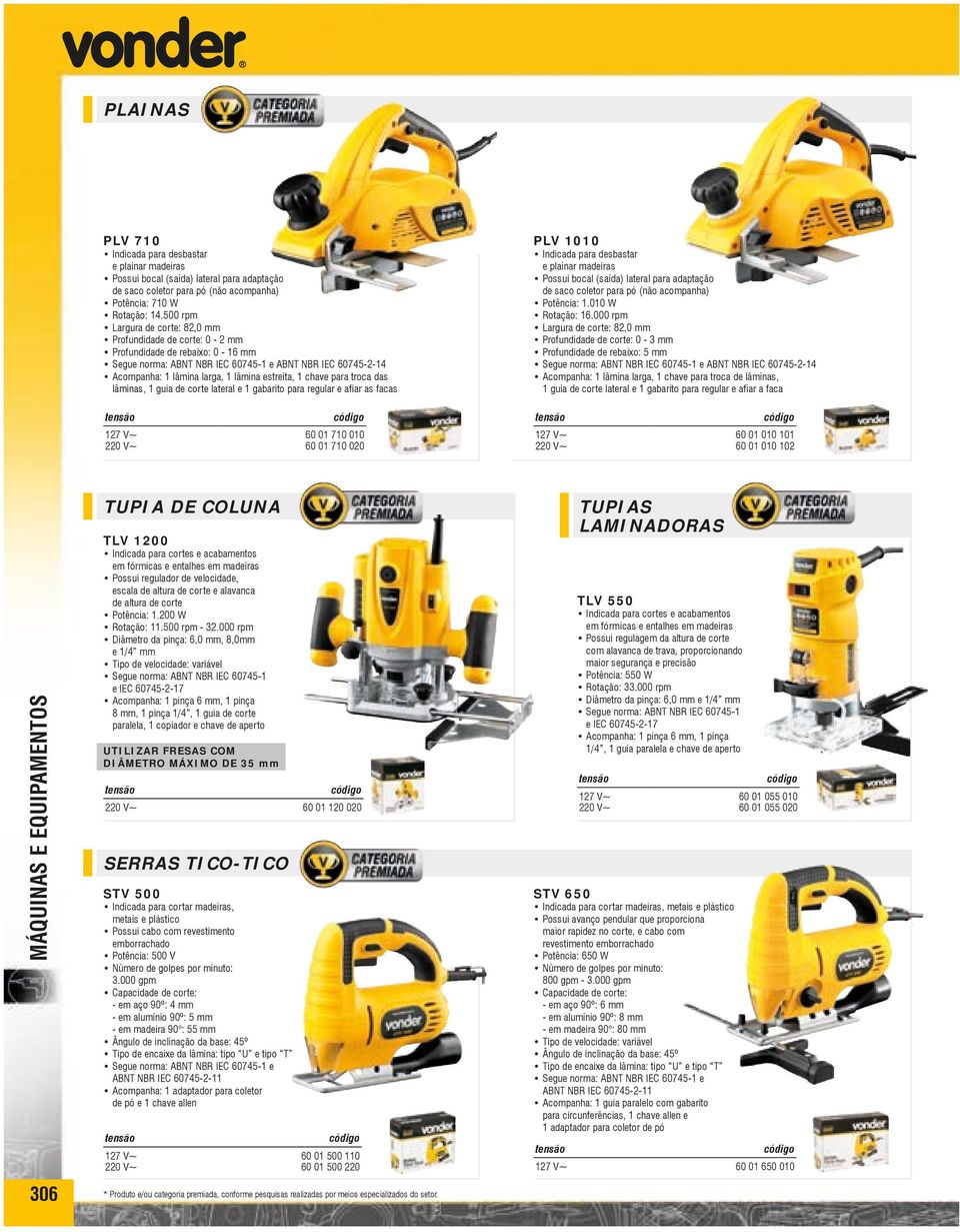 estreita, 1 chave para troca das lâminas, 1 guia de corte lateral e 1 gabarito para regular e afiar as facas 127 V~ 60 01 710 010 220 V~ 60 01 710 020 PLV 1010 Indicada para desbastar e plainar