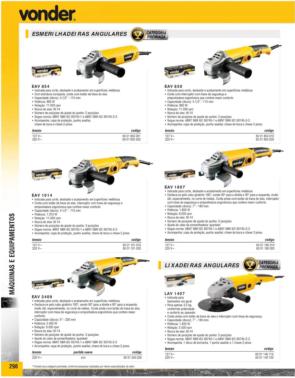 000 rpm Rosca do eixo: M-14 Número de posições de ajuste do punho: 2 posições Segue norma: ABNT NBR IEC 60745-1 e ABNT NBR IEC 60745-2-3 Acompanha: capa de proteção, punho auxiliar, chave de boca e