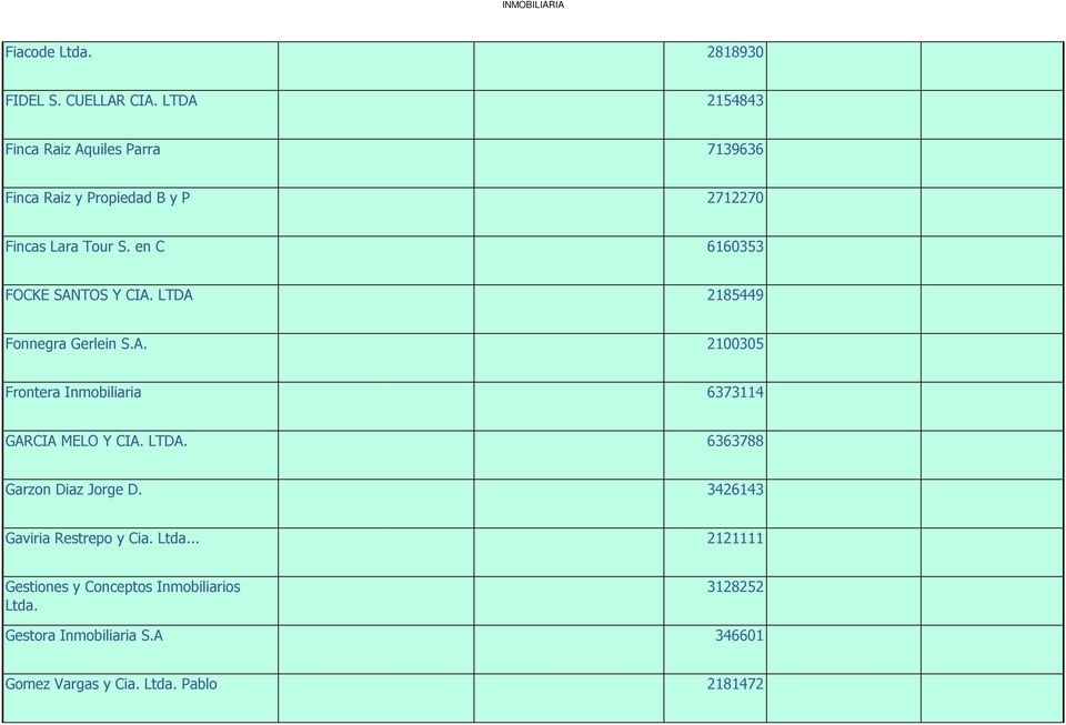 en C 6160353 FOCKE SANTOS Y CIA. LTDA 2185449 Fonnegra Gerlein S.A. 2100305 Frontera Inmobiliaria 6373114 GARCIA MELO Y CIA.