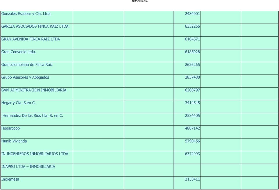 6185928 Grancolombiana de Finca Raiz 2626265 Grupo Asesores y Abogados 2837480 GVM ADMINITRACION INMOBILIARIA