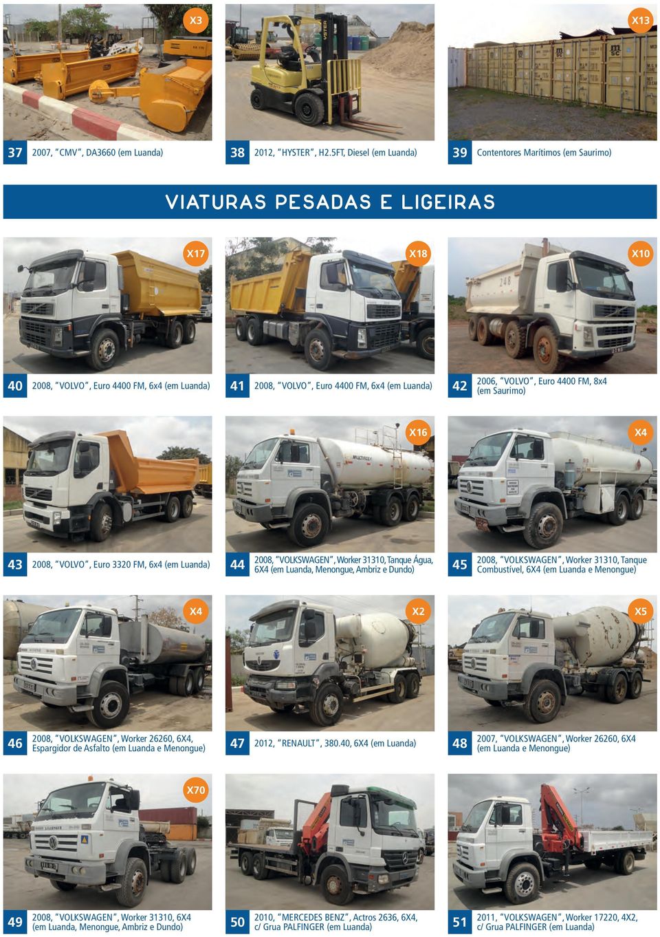 2006, VOLVO, Euro 4400 FM, 8x4 (em Saurimo) X16 X4 43 2008, VOLVO, Euro 3320 FM, 6x4 (em Luanda) 44 2008, VOLKSWAGEN, Worker 31310, Tanque Água, 6X4 (em Luanda, Menongue, Ambriz e Dundo) 45 2008,