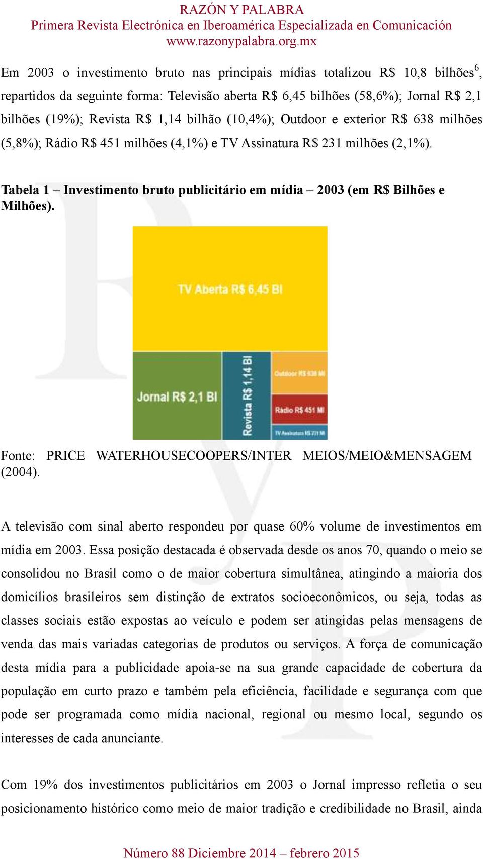 Tabela 1 Investimento bruto publicitário em mídia 2003 (em R$ Bilhões e Milhões). Fonte: PRICE WATERHOUSECOOPERS/INTER MEIOS/MEIO&MENSAGEM (2004).