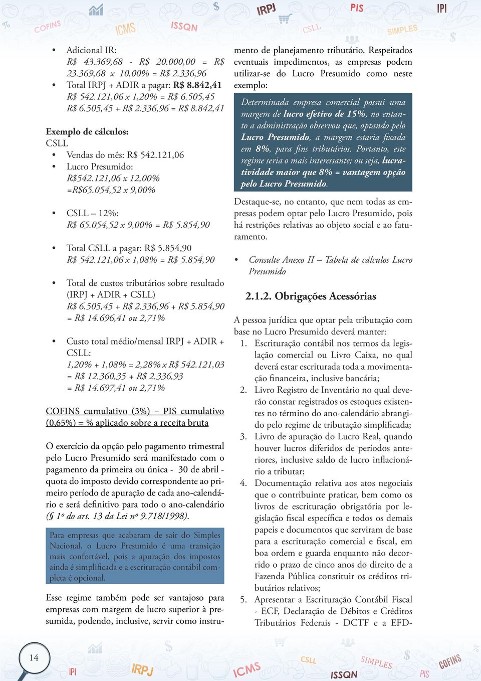 121,06 x 1,08% = R$ 5.854,90 Total de custos tributários sobre resultado (IRPJ + ADIR + CSLL) R$ 6.505,45 + R$ 2.336,96 + R$ 5.854,90 = R$ 14.