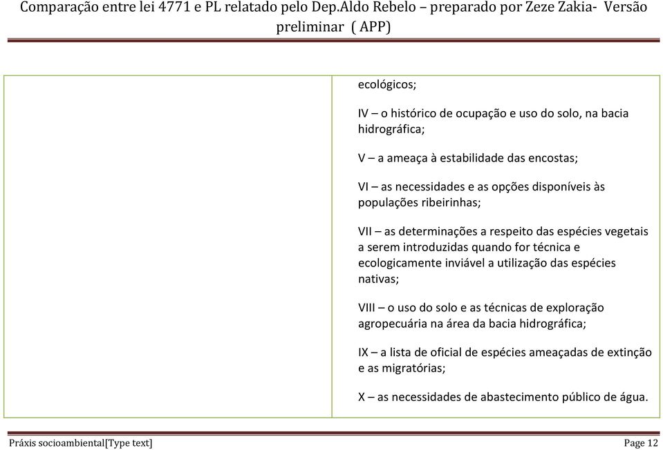 inviável a utilização das espécies nativas; VIII o uso do solo e as técnicas de exploração agropecuária na área da bacia hidrográfica; IX a lista de