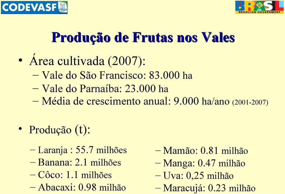 000 ha/ano (2001-2007) Produção (t): Laranja : 55.7 milhões Banana: 2.