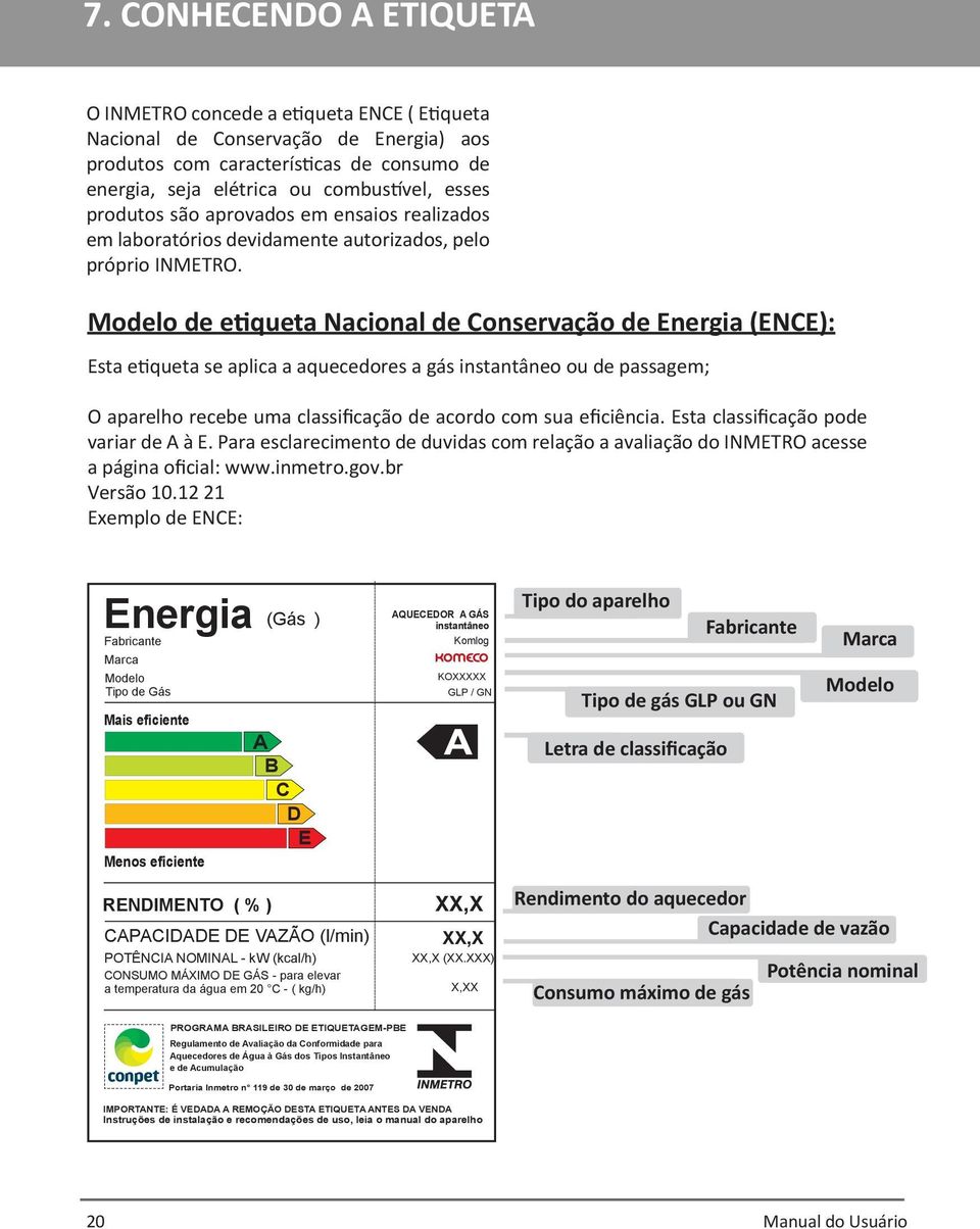 Modelo de etiqueta Nacional de Conservação de Energia (ENCE): Esta etiqueta se aplica a aquecedores a gás instantâneo ou de passagem; O aparelho recebe uma classificação de acordo com sua eficiência.