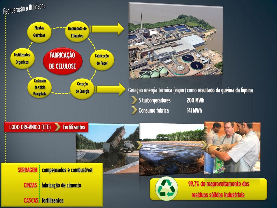 (vapor) como resultado da queima da lignina 5 turbo-geradores 200 MWh Consumo fábrica 141 MWh SERRAGEM