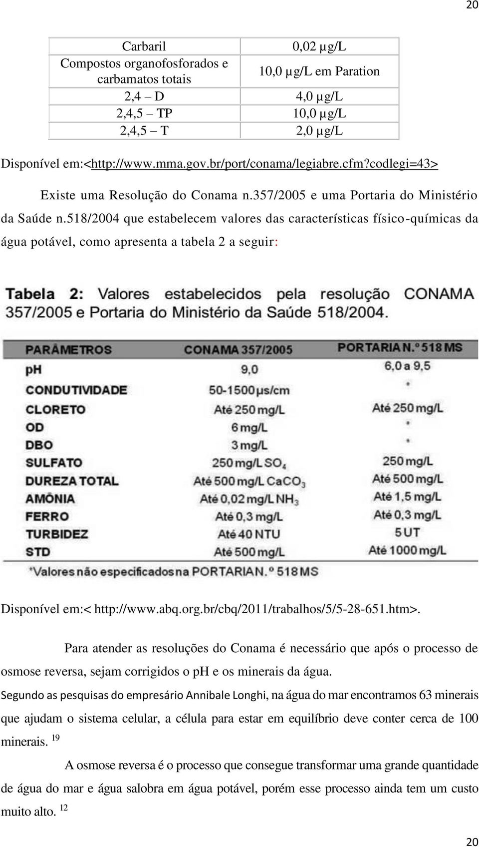 µg/l 2,4,5 T 2,0 µg/l Disponível em:<http://www.mma.gov.br/port/conama/legiabre.cfm?codlegi=43> Existe uma Resolução do Conama n.357/2005 e uma Portaria do Ministério da Saúde n.