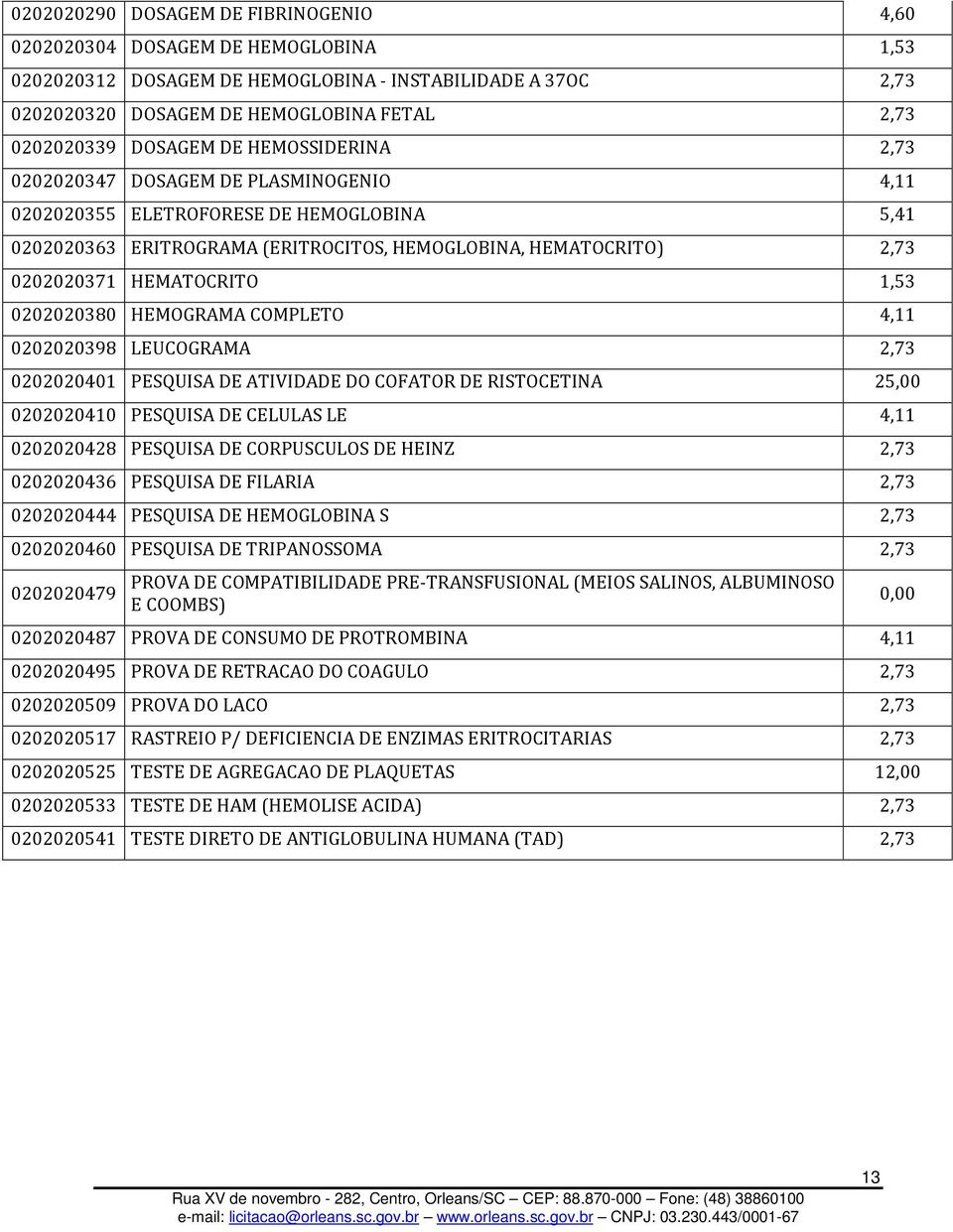 HEMATOCRITO 1,53 0202020380 HEMOGRAMA COMPLETO 4,11 0202020398 LEUCOGRAMA 2,73 0202020401 PESQUISA DE ATIVIDADE DO COFATOR DE RISTOCETINA 25,00 0202020410 PESQUISA DE CELULAS LE 4,11 0202020428