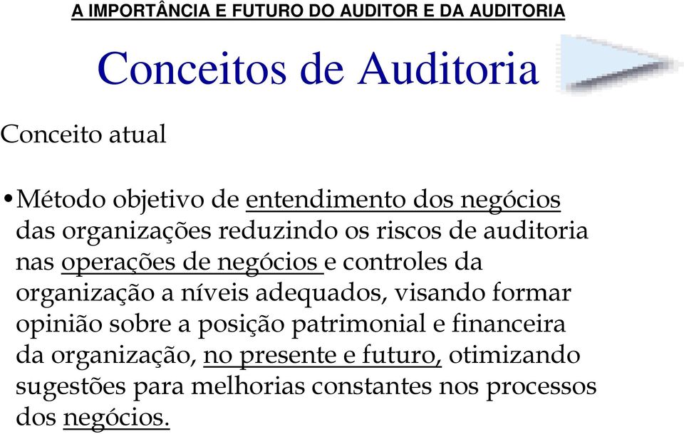 organização a níveis adequados, visando formar opinião sobre a posição patrimonial e financeira