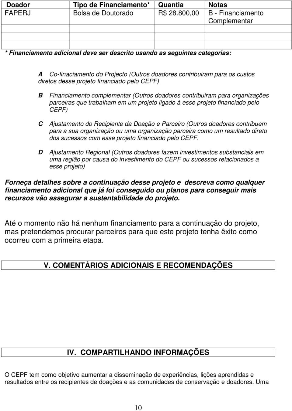 desse projeto financiado pelo CEPF) B Financiamento complementar (Outros doadores contribuiram para organizações parceiras que trabalham em um projeto ligado à esse projeto financiado pelo CEPF) C