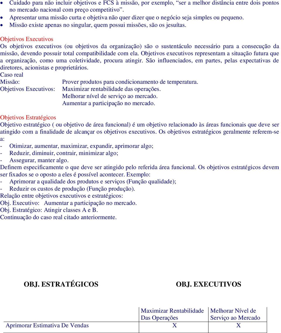 Objetivos Executivos Os objetivos executivos (ou objetivos da organização) são o sustentáculo necessário para a consecução da missão, devendo possuir total compatibilidade com ela.